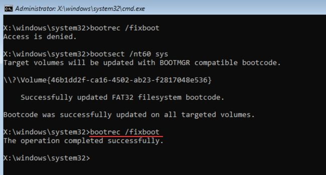 bootrec fixboot operación completada con éxito