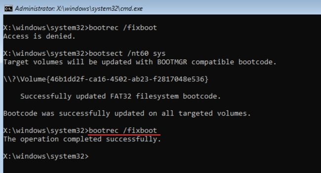bootrec fixboot operation completed success
