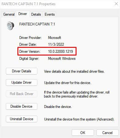 check audio device driver version