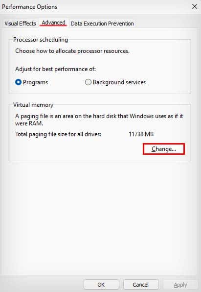 chnage virtual memory