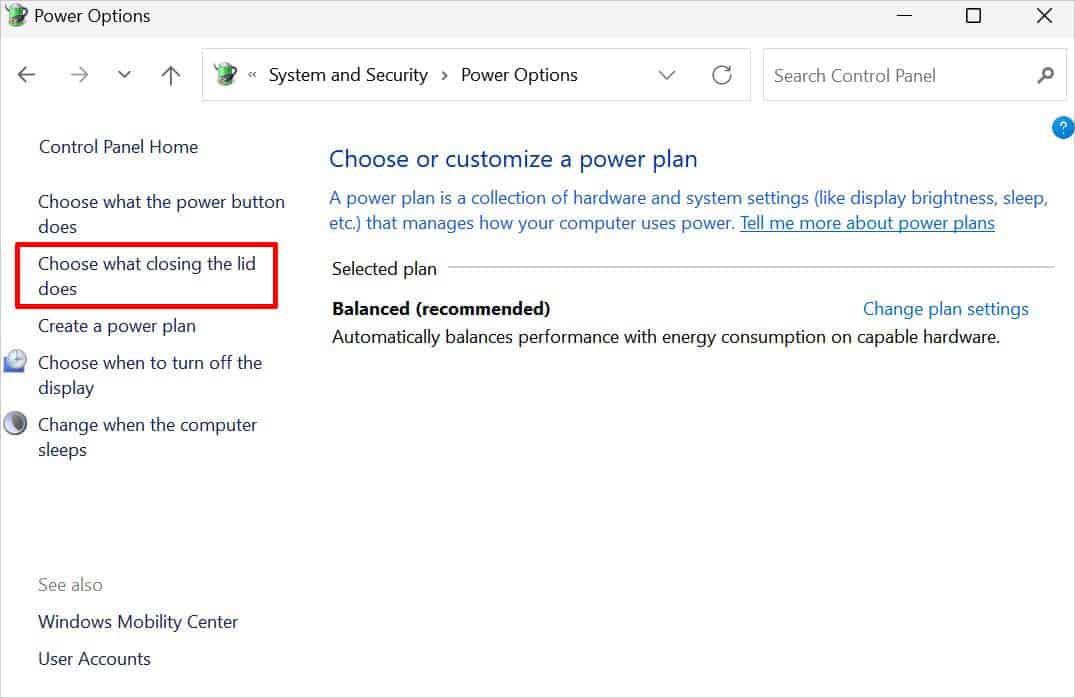 choose what closing the lid does in laptop