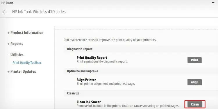How to Clean HP Printhead 17 clean-ink-smear-button