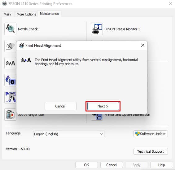 click next to start head alignment in epson