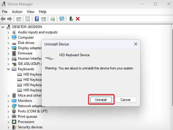 confirmation to uninstall the driver