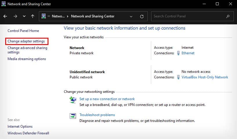 control panel change adapter settings