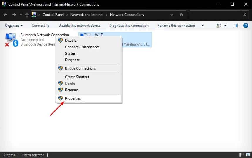 control panel wifi properties