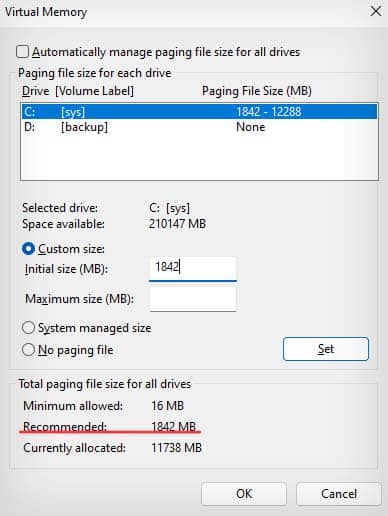 custom virtual memory initial size