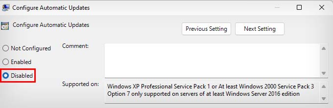 disable configure automatic updates