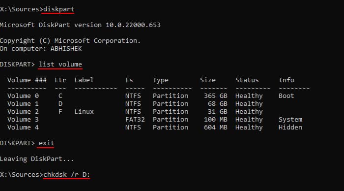 diskpart-list-volume-exit-chkdsk