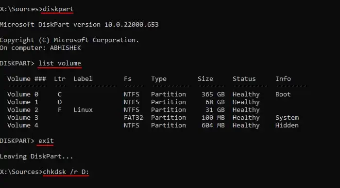 diskpart-list-volume-exit-chkdsk