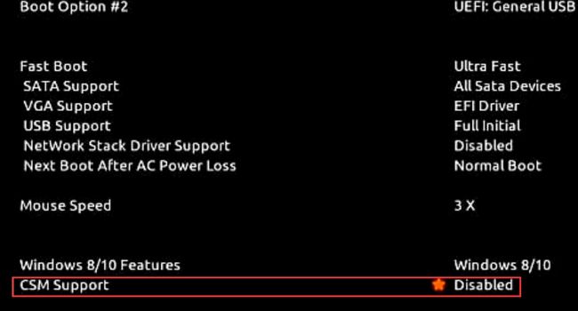 enable csm support in bios