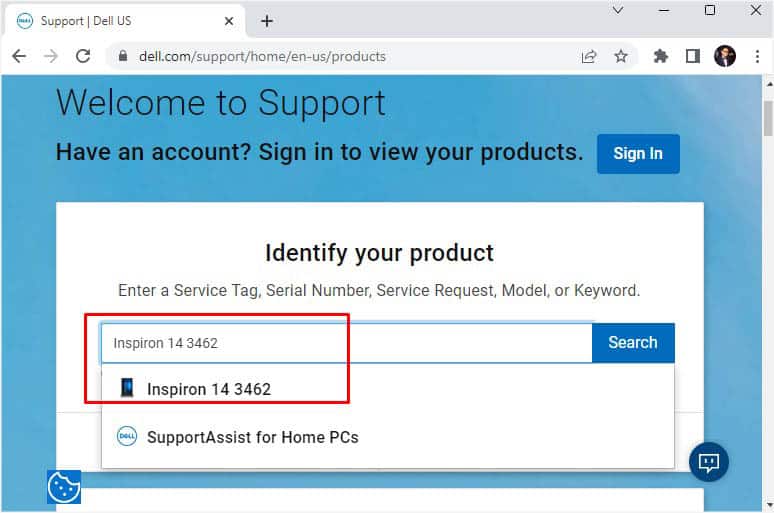 enter dell product model in support page