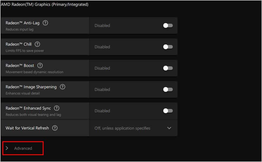 expand advanced option in amd software