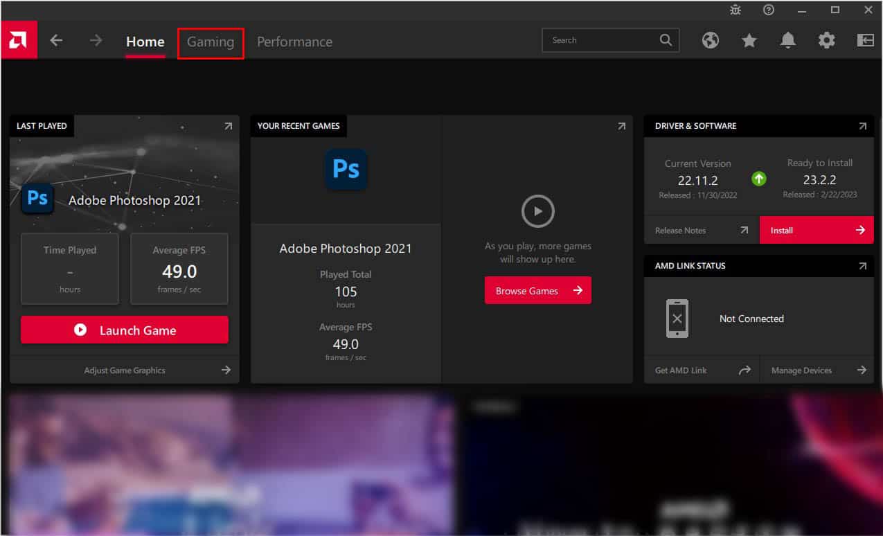 gaming tab in amd software