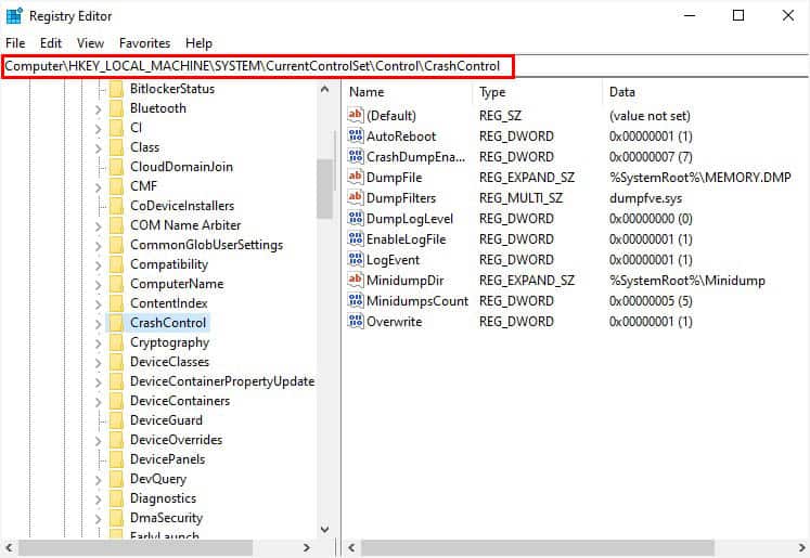 get to crash control in registry editor