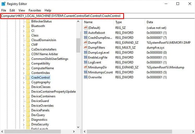 14 Ways to Fix Windows Boot Loop 30 get-to-crash-control-in-registry-editor