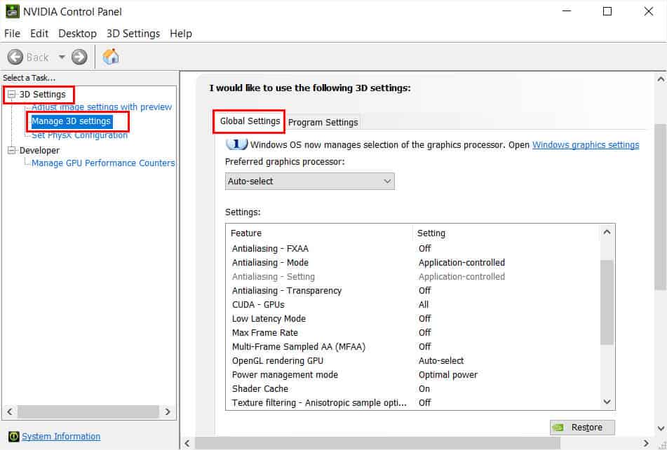 global settings tab in nvidia control panel
