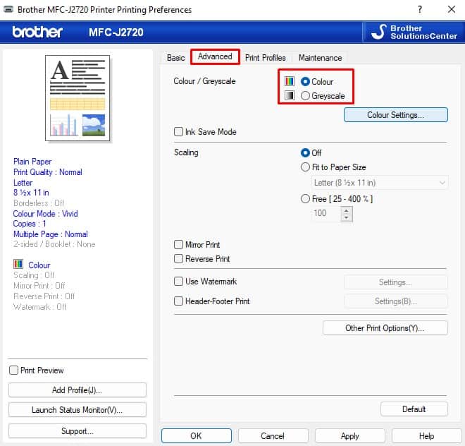 grayscale setting in brother printer