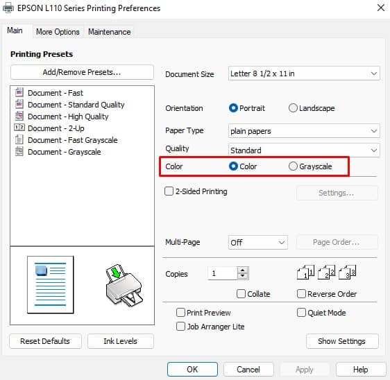 grayscale settings in epson printer