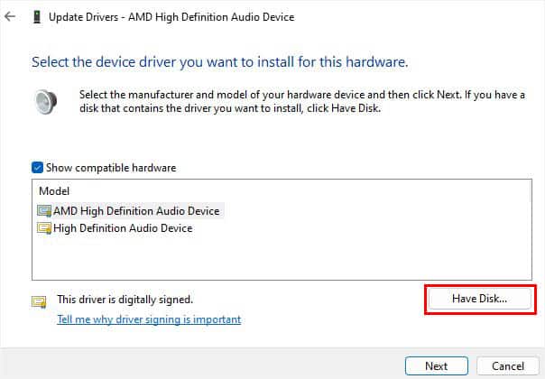 have a disk option when updating drivers