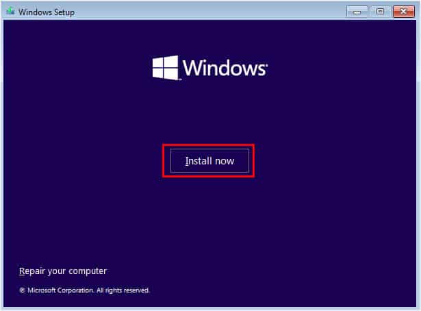 install now windows setup
