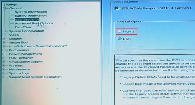 legacy boot in bios