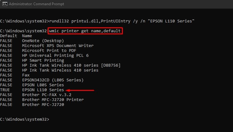 looking for new default printer in cmd