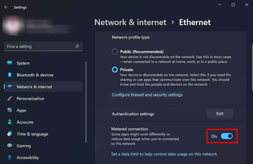 metered connection on