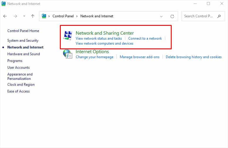 network and sharing center