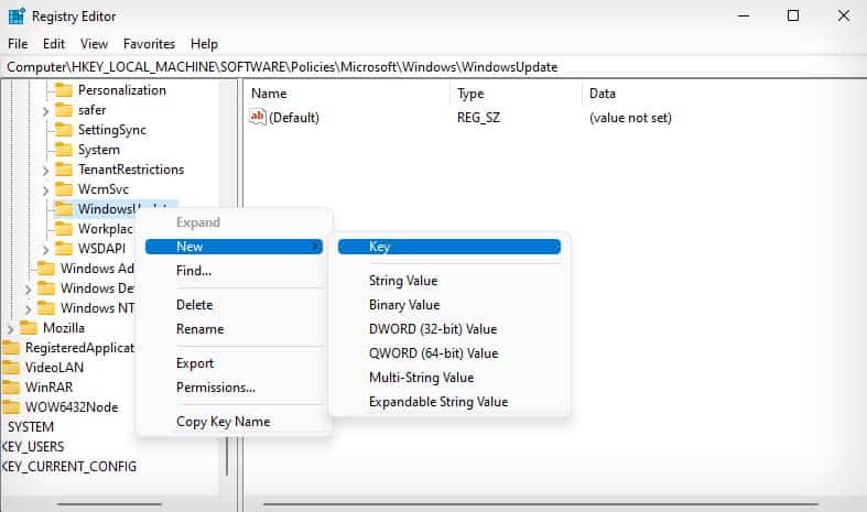 new registry key in windows update
