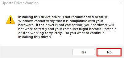 no to update driver warning