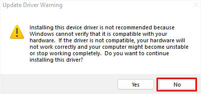no to update driver warning