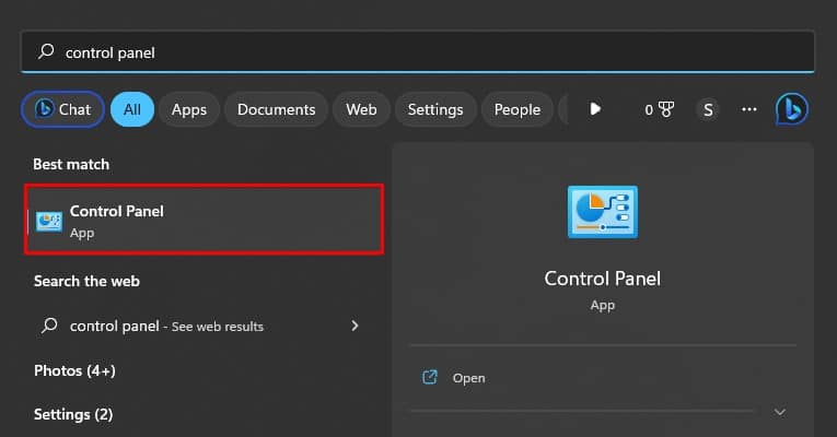 open control panel from search box