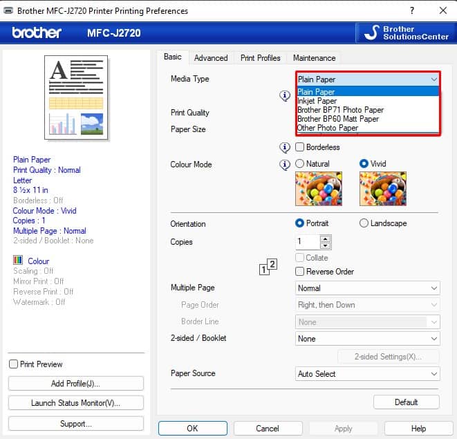 paper type in brother printer