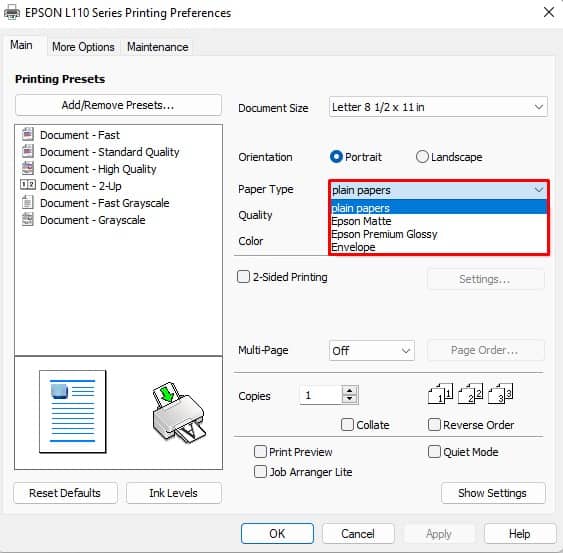 paper type in epson printer