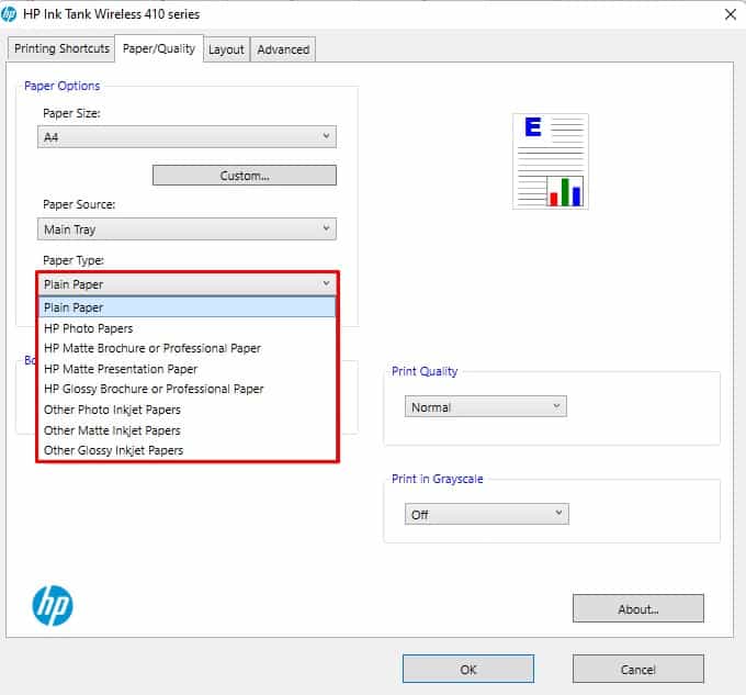 paper type in hp printer