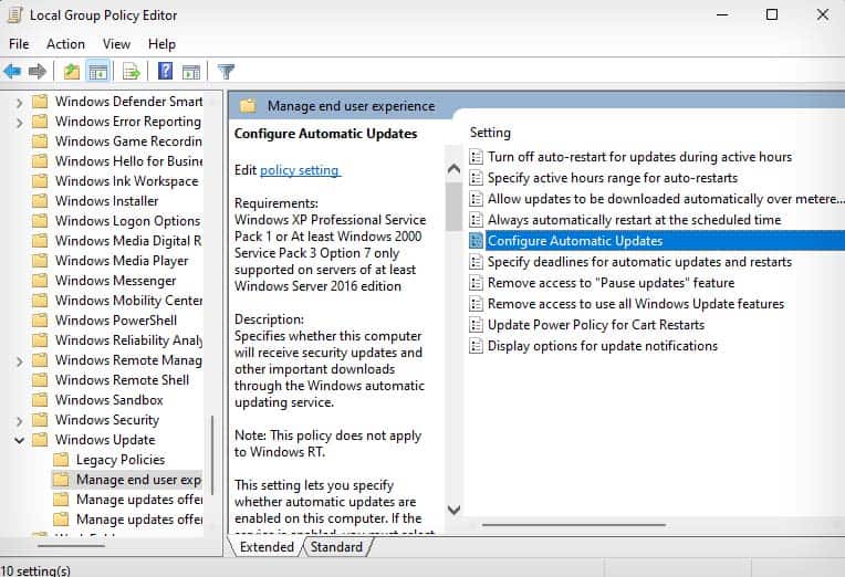 policy editor configure automatic updates