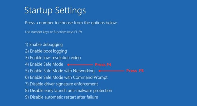 press f4 for safe mode and f5 for safe mode with networking