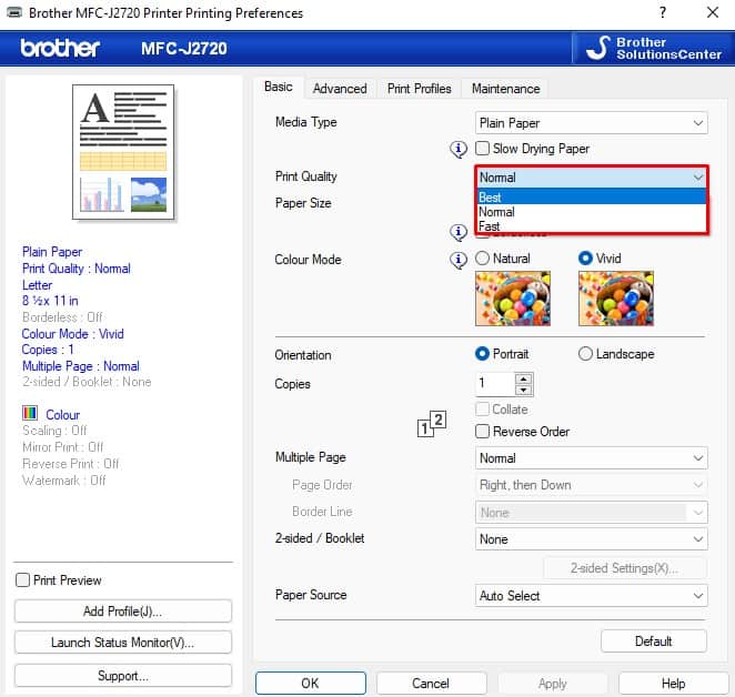 print quality dropdown of brother