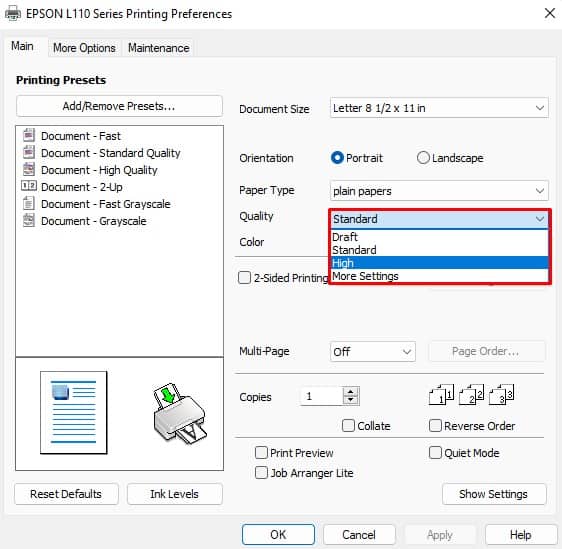 print quality dropdown of epson