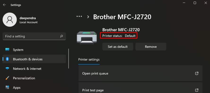 printer status default on settings
