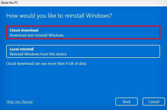 reset this pc cloud download