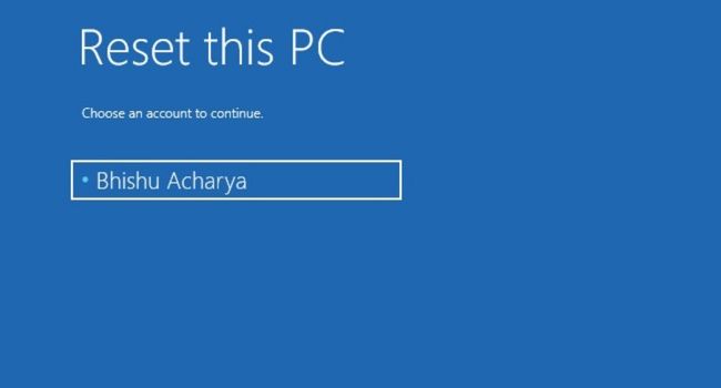 reset this pc select account