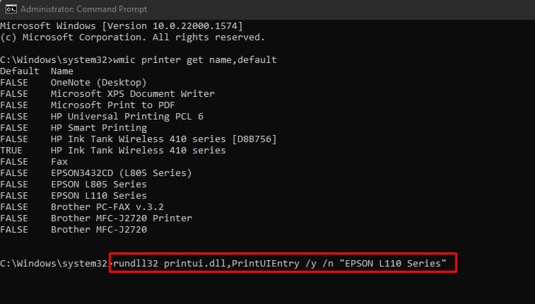 rundll command to set default printer