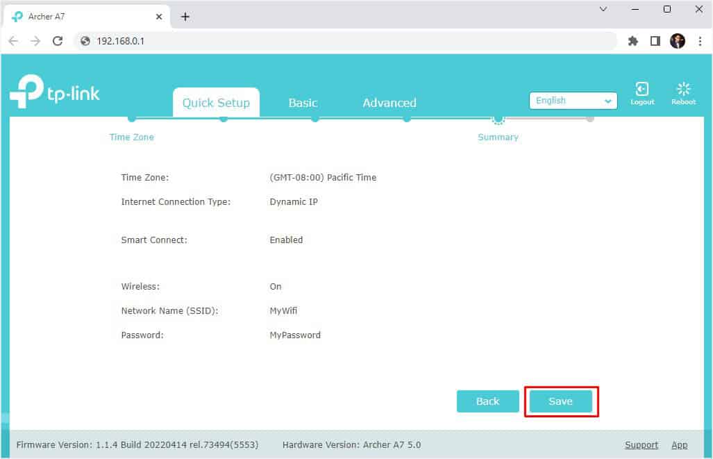 save button in quick setupp