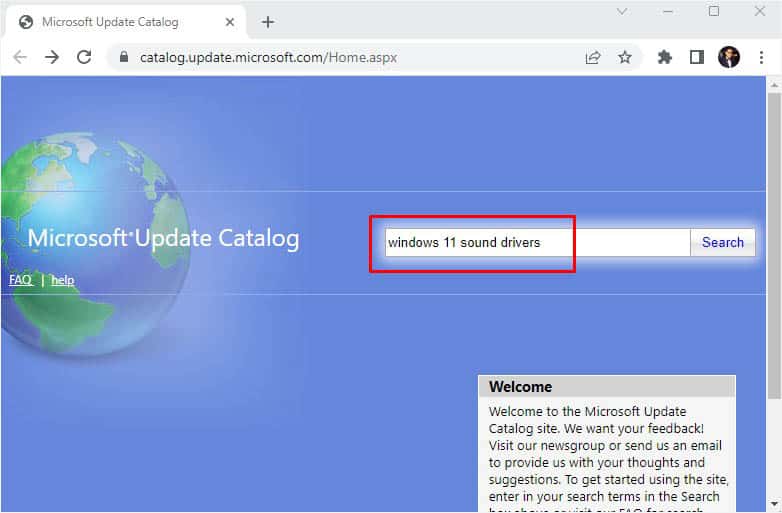search for sound drivers in microsoft udpate catalog