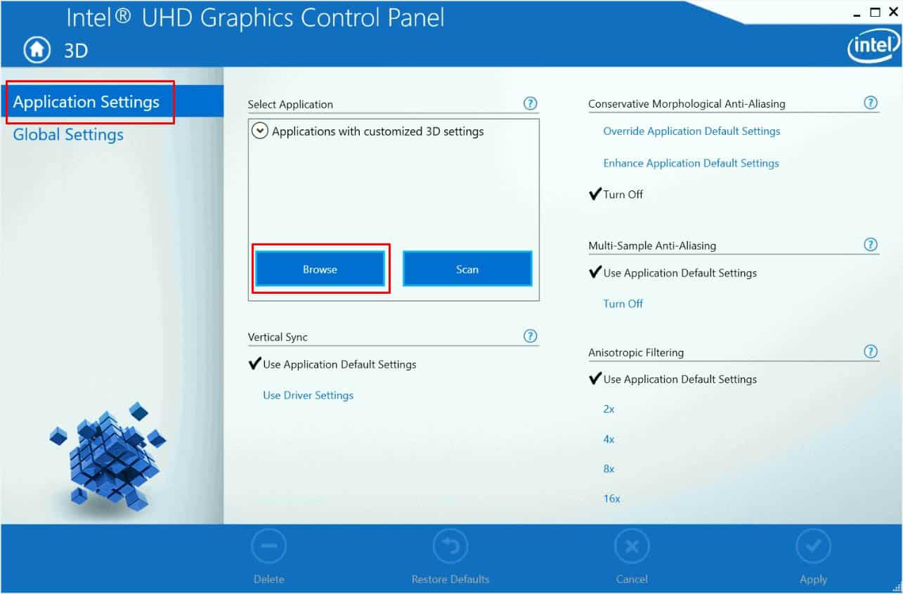 select 3d app from application settings