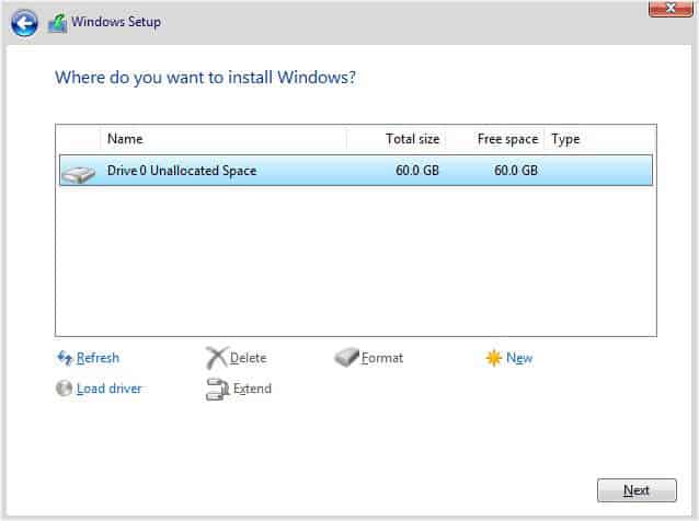 select drive to install windows