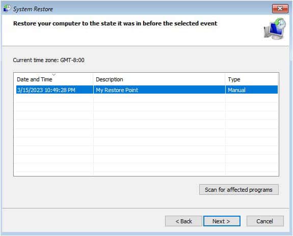 select your restore point