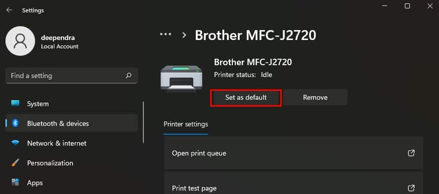 set as default button on settings